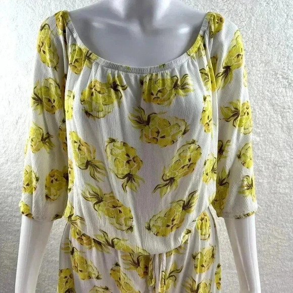 White House Black Market Pineapple print romper L Off Shoulder tie belt tassels - Picture 5 of 15